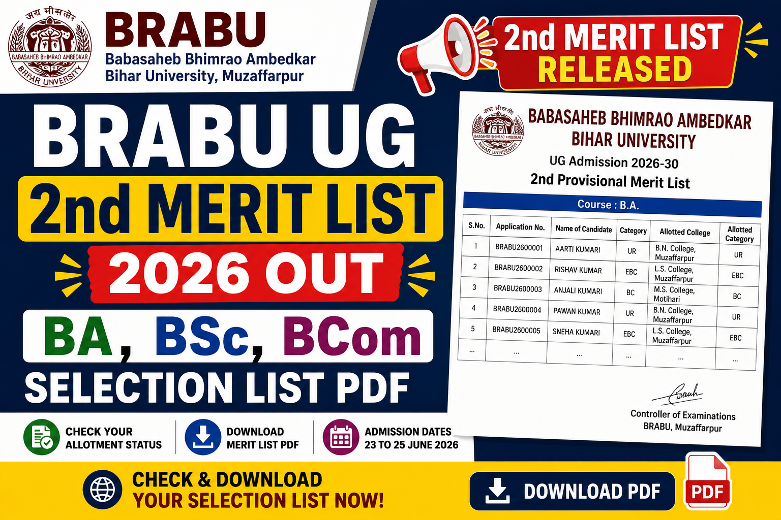 BRABU UG 2nd Merit List 2026 Out, Download BA BSc BCom Selection List PDF