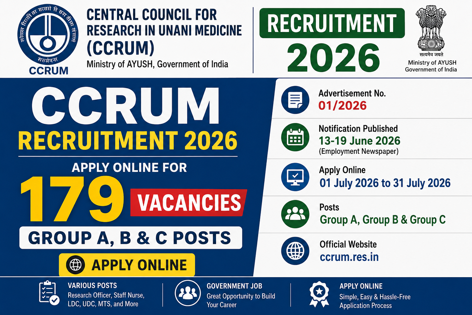 CCRUM Recruitment 2026 Notification Out for 179 Group A, B & C Posts, Apply Online