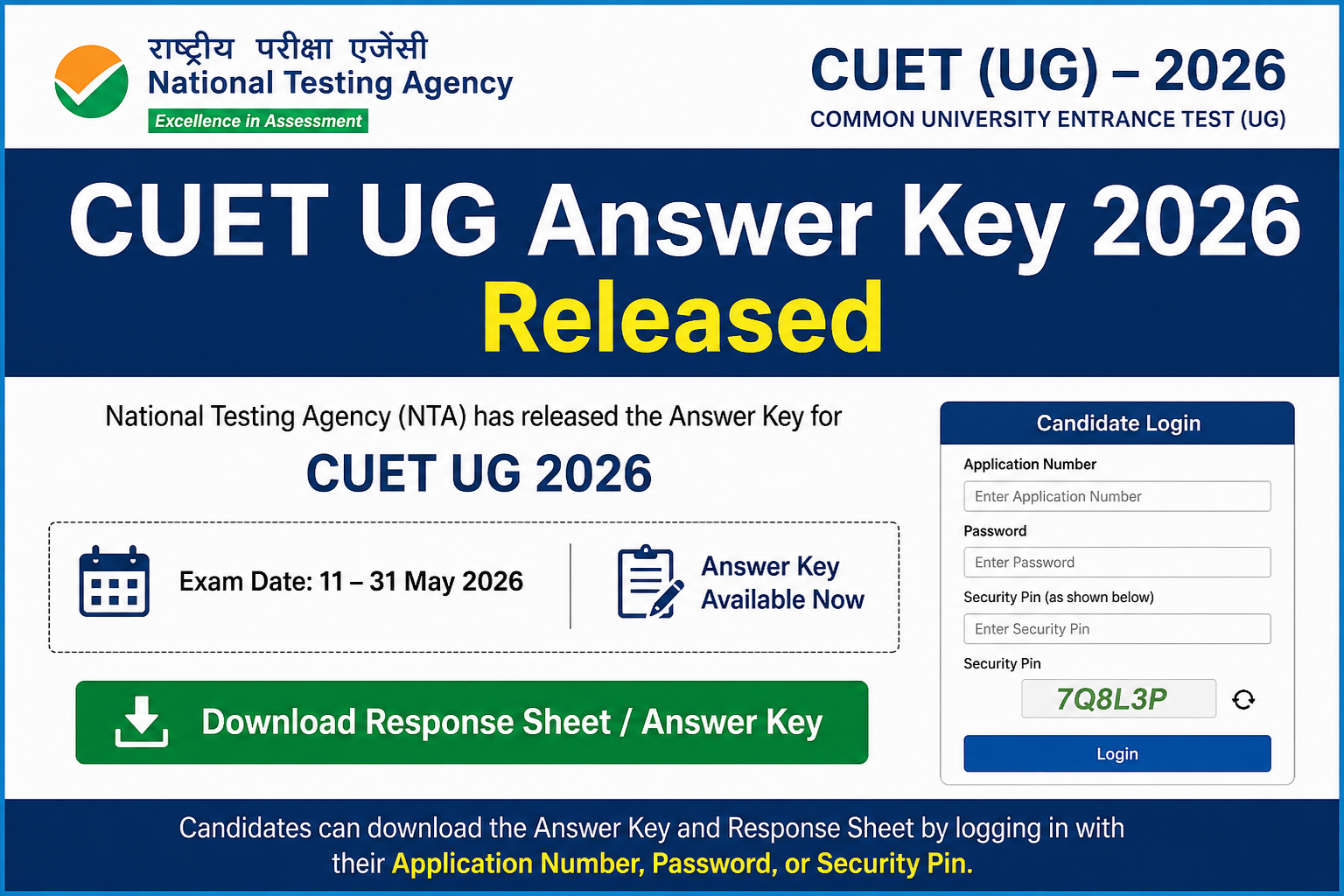 CUET UG Answer Key 2026 Released at cuet.nta.nic.in, Download Response Sheet