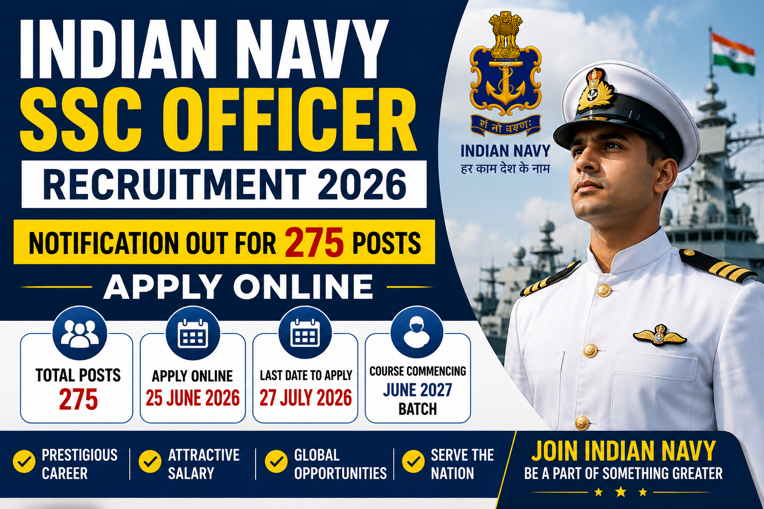 Indian Navy SSC Officer Recruitment 2026 Notification Out for 275 Posts, Apply Online