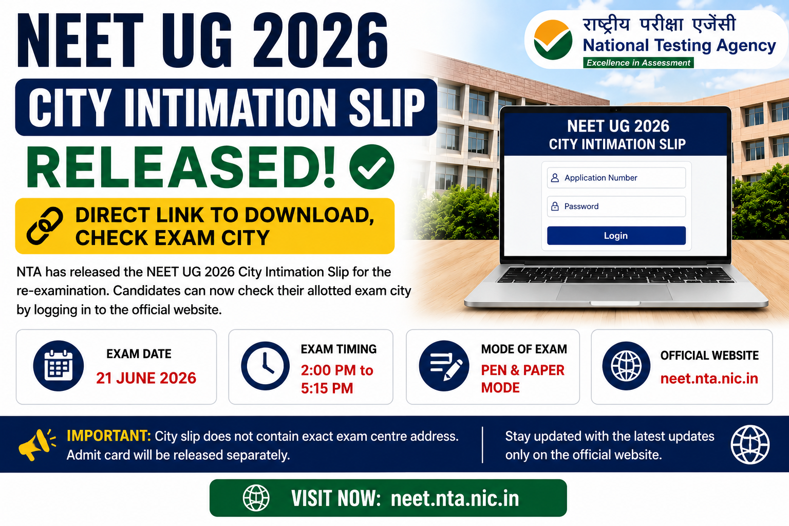 NEET UG 2026 City Intimation Slip Released: Direct Link to Download, Check Exam City