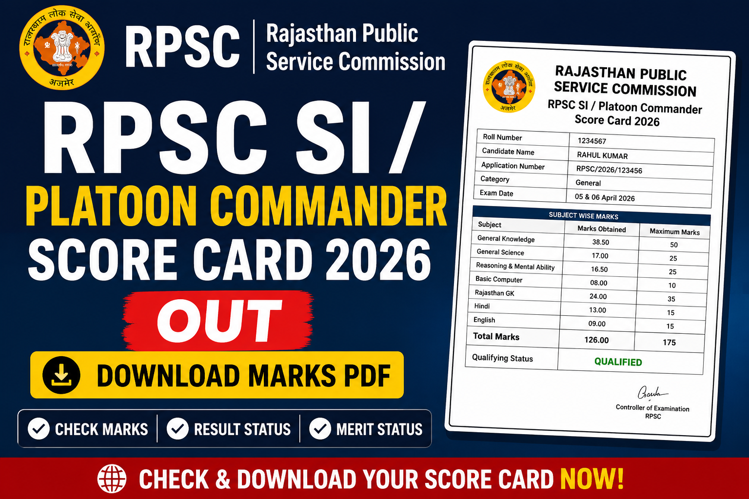 RPSC SI / Platoon Commander Score Card 2026 Out, Download Marks PDF